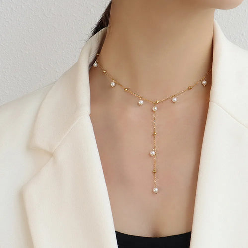 18K Gold Pearl Drop Necklace | Hoodie Layering - TrendVibe